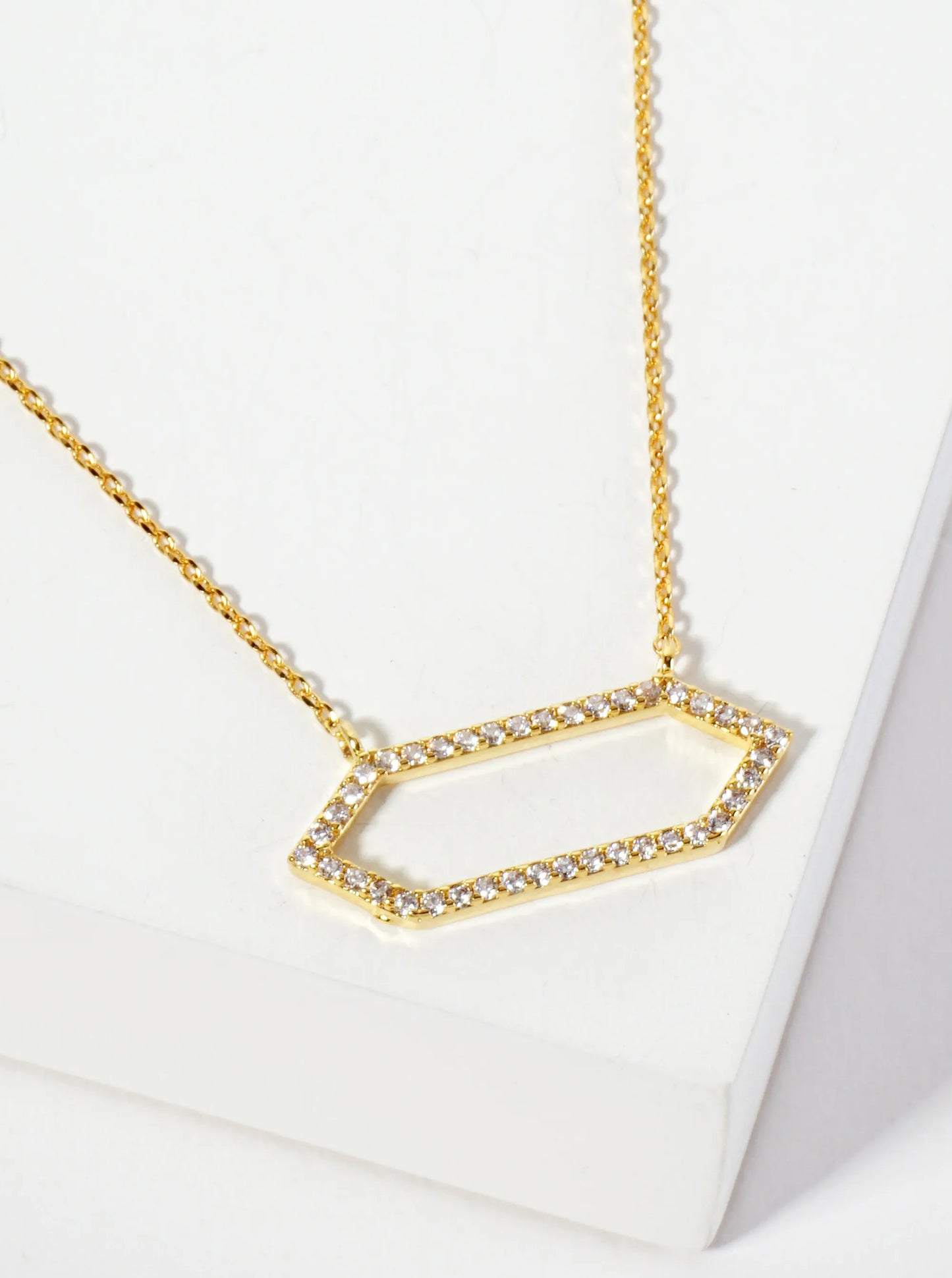 Geometric 18K-Gold-Dipped Pave Set Cubic-Zirconia Elongated Hexagon Pendant Necklace