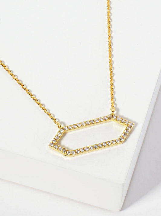 Geometric 18K-Gold-Dipped Pave Set Cubic-Zirconia Elongated Hexagon Pendant Necklace