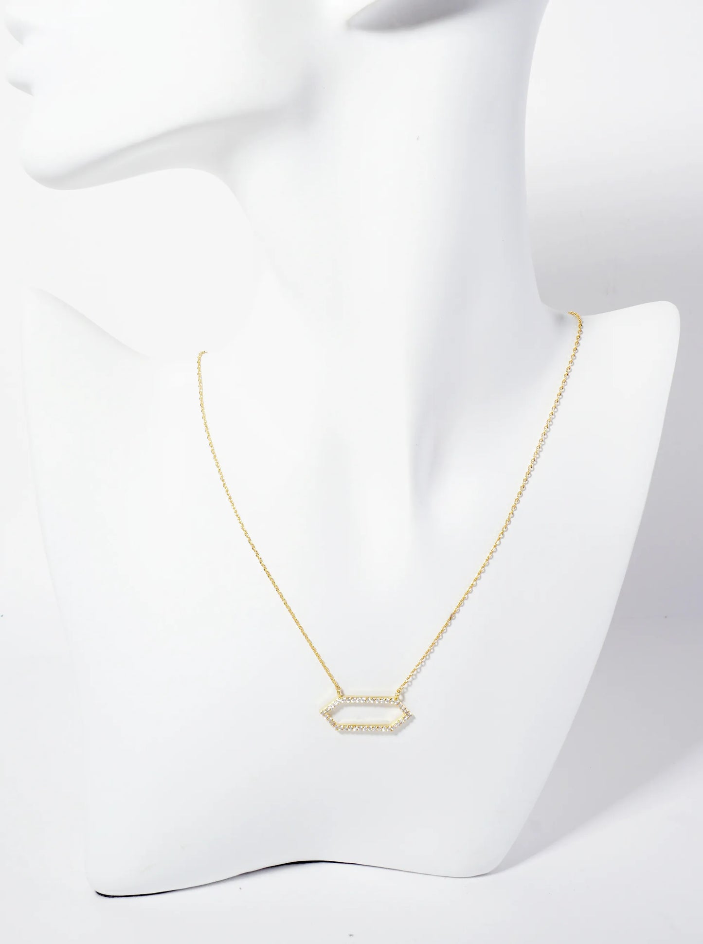 Geometric 18K-Gold-Dipped Pave Set Cubic-Zirconia Elongated Hexagon Pendant Necklace