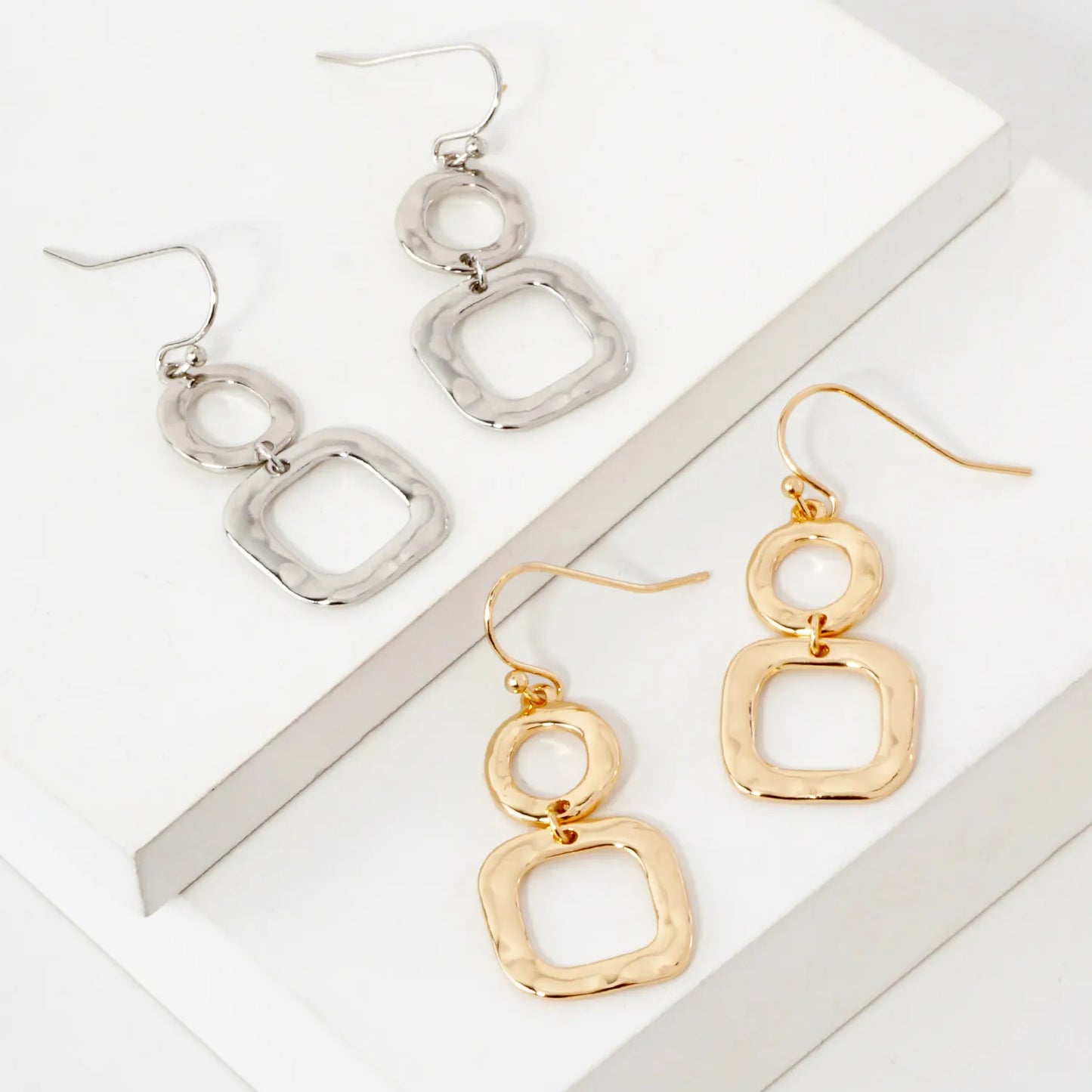 Geometric Hammered Dual Tier Drop Earrings