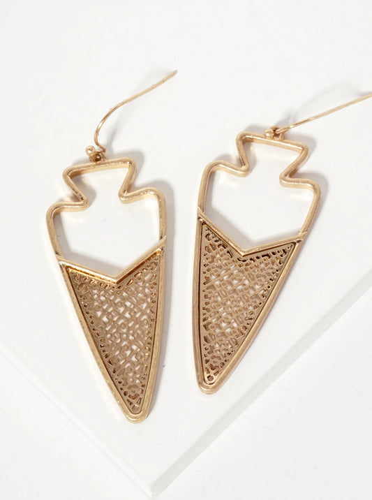 Geometric-Pattern Filigree Arrowhead Dangle Earrings