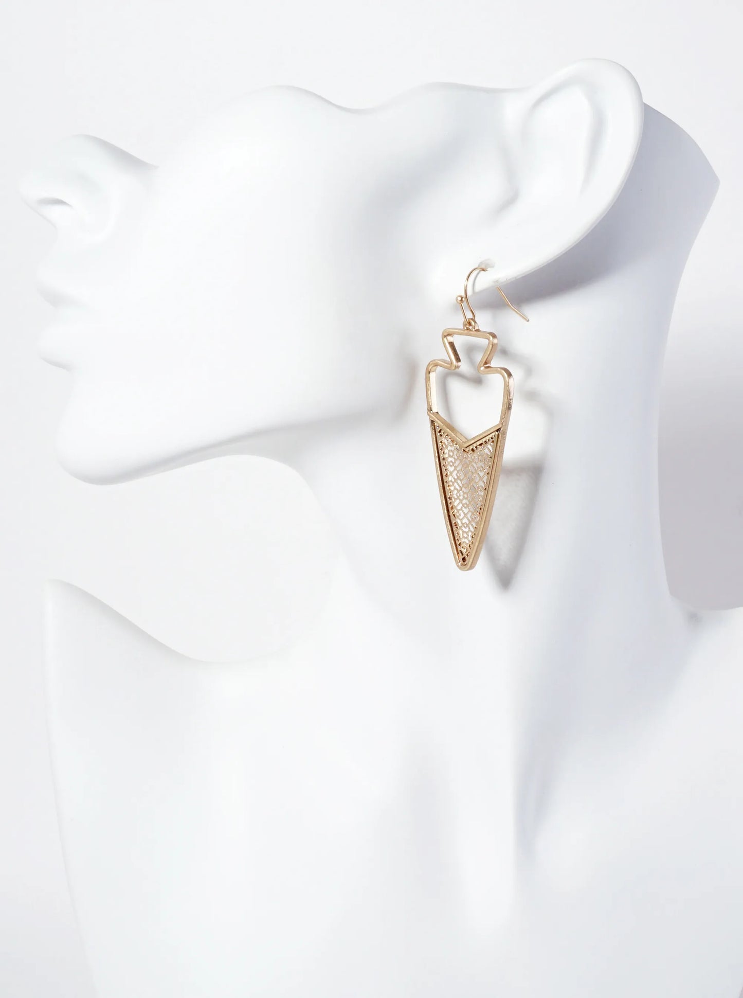 Geometric-Pattern Filigree Arrowhead Dangle Earrings