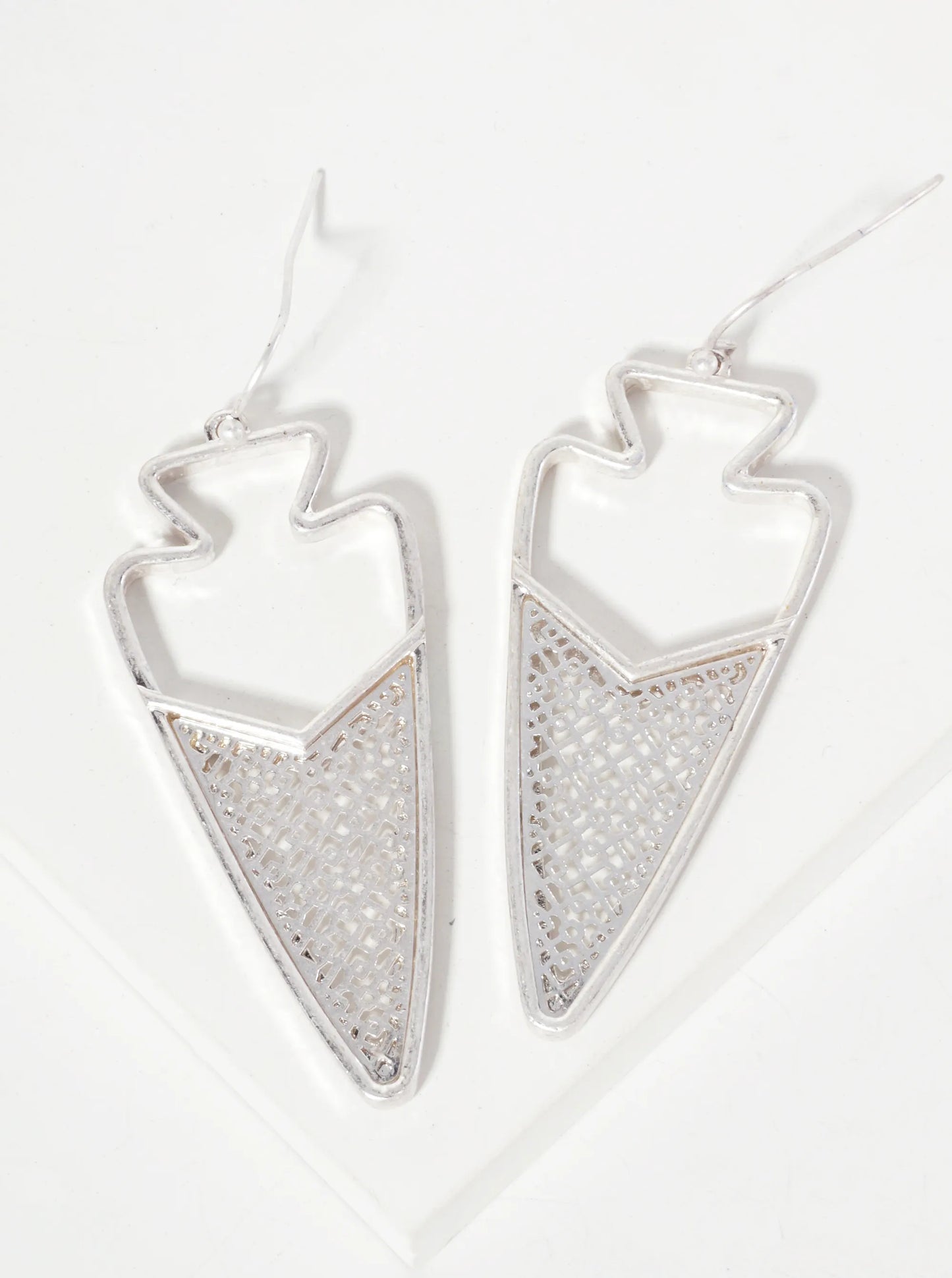 Geometric-Pattern Filigree Arrowhead Dangle Earrings