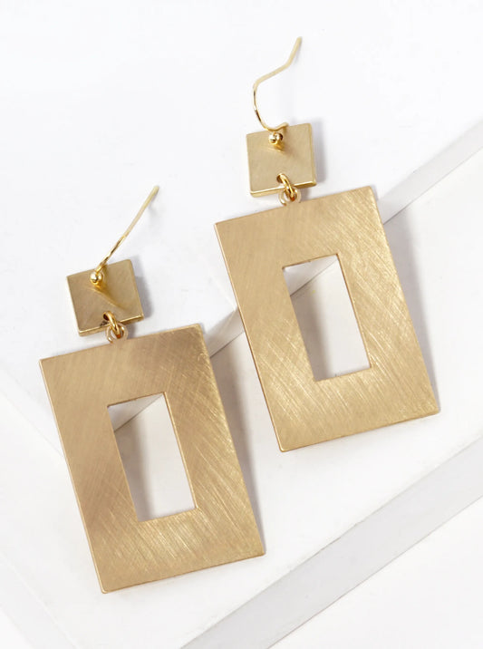 Geometric Rectangular Satin Brass Drop Earrings