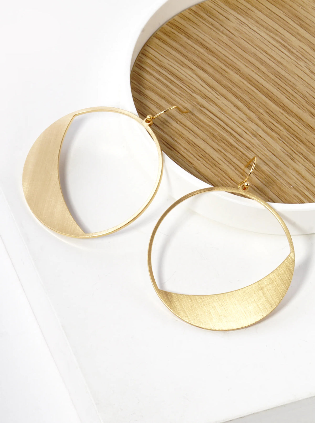 Geometric Satin Brass Textured Round Drop Earrings