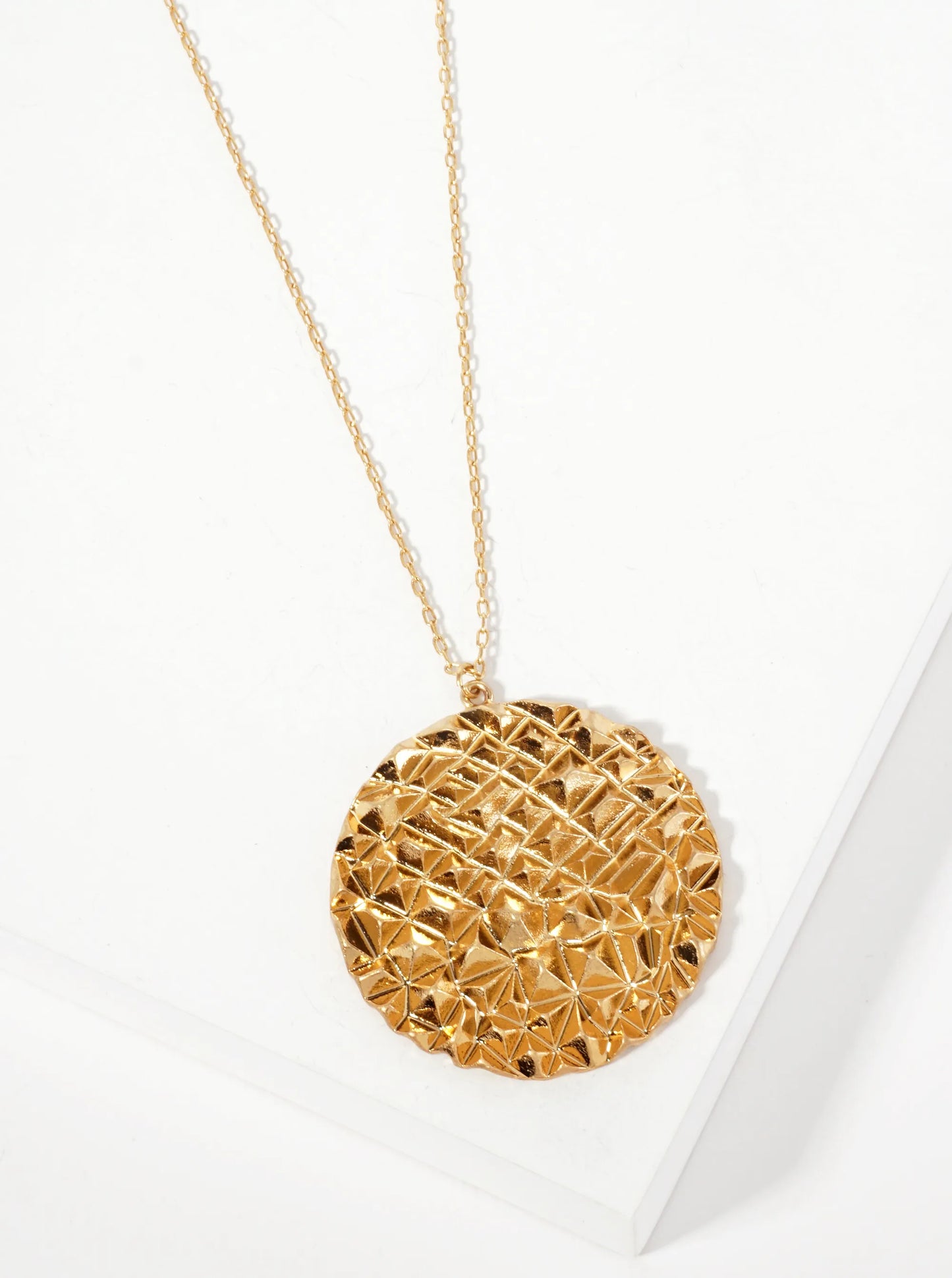 Geometric-Texture Round Pendant 30-inch Long Necklace