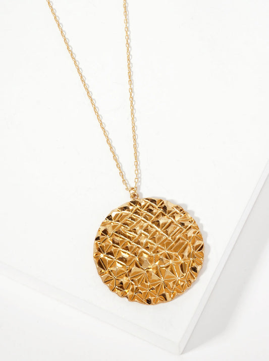 Geometric-Texture Round Pendant 30-inch Long Necklace