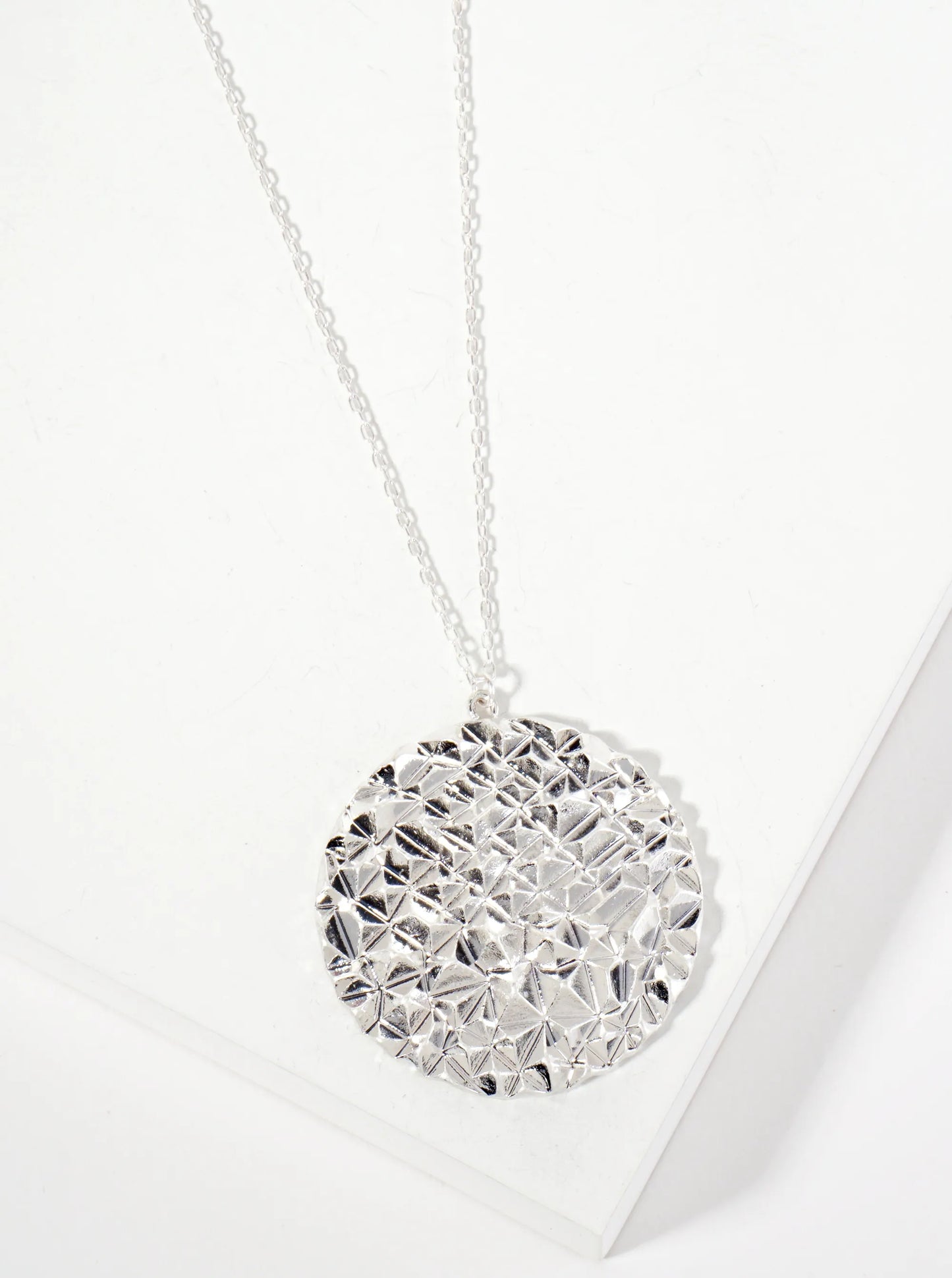 Geometric-Texture Round Pendant 30-inch Long Necklace