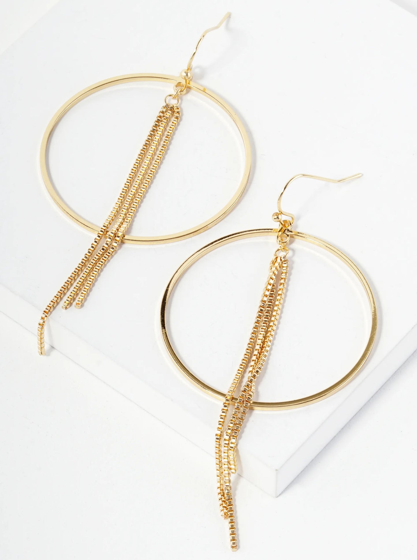 Geometric Tiny Box Chain Drop From Circle Dangle Earrings