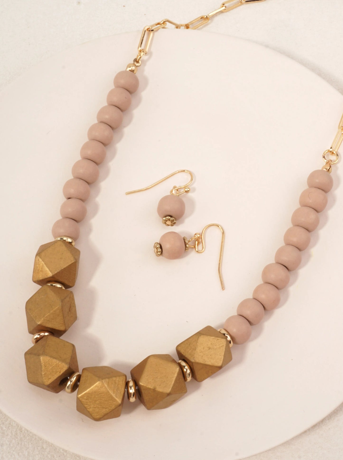 Geometric Wood Bead Necklace Set