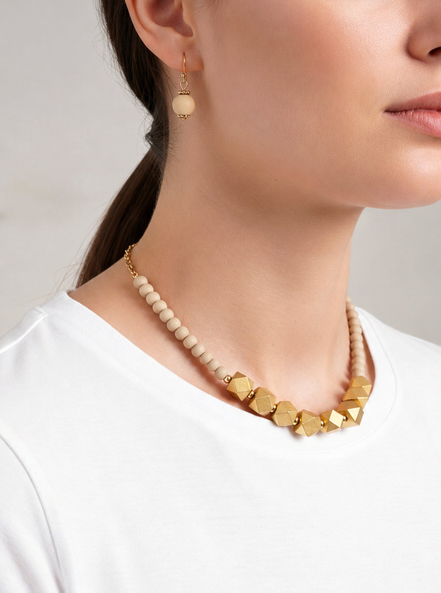 Geometric Wood Bead Necklace Set