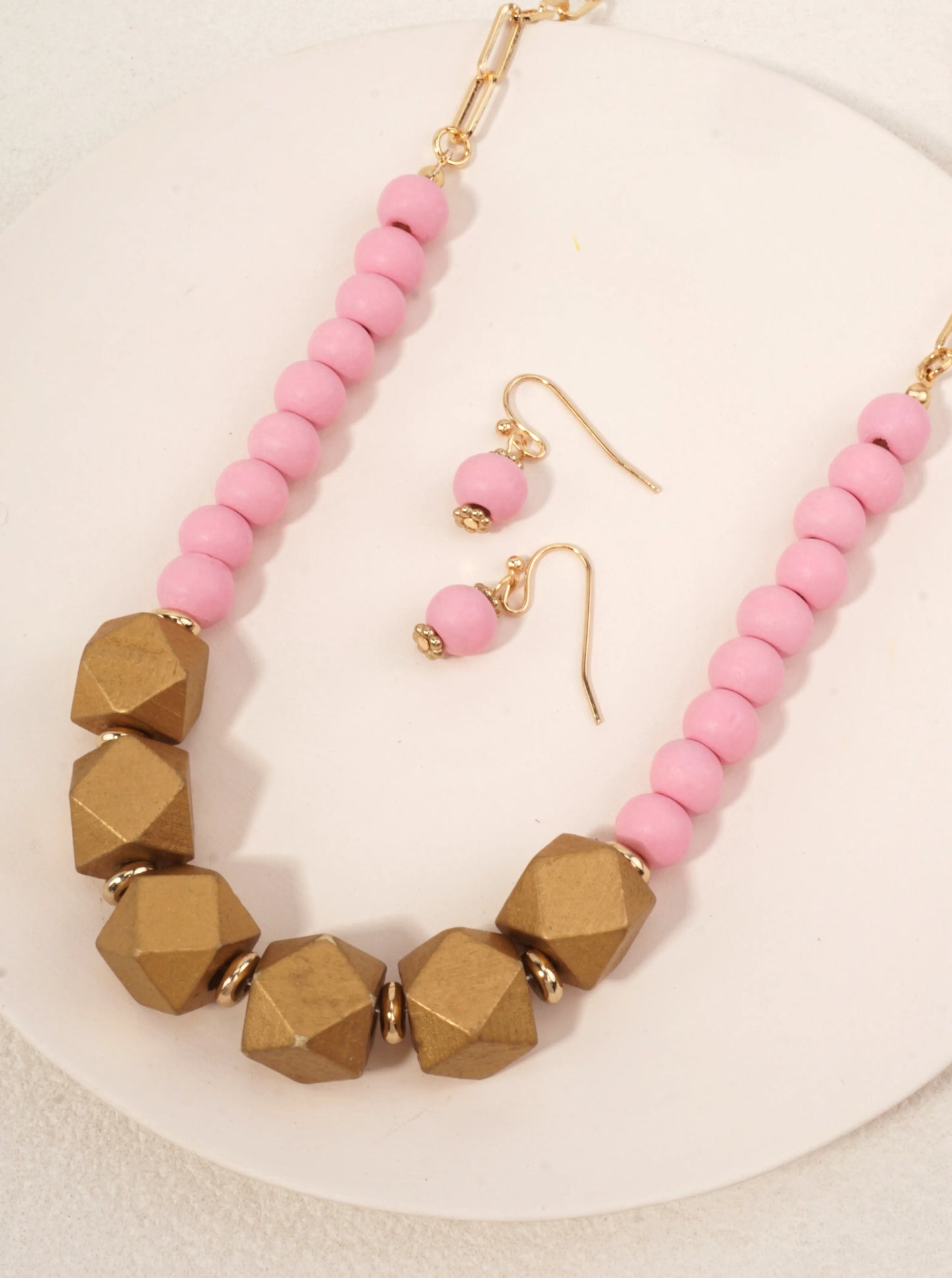 Geometric Wood Bead Necklace Set