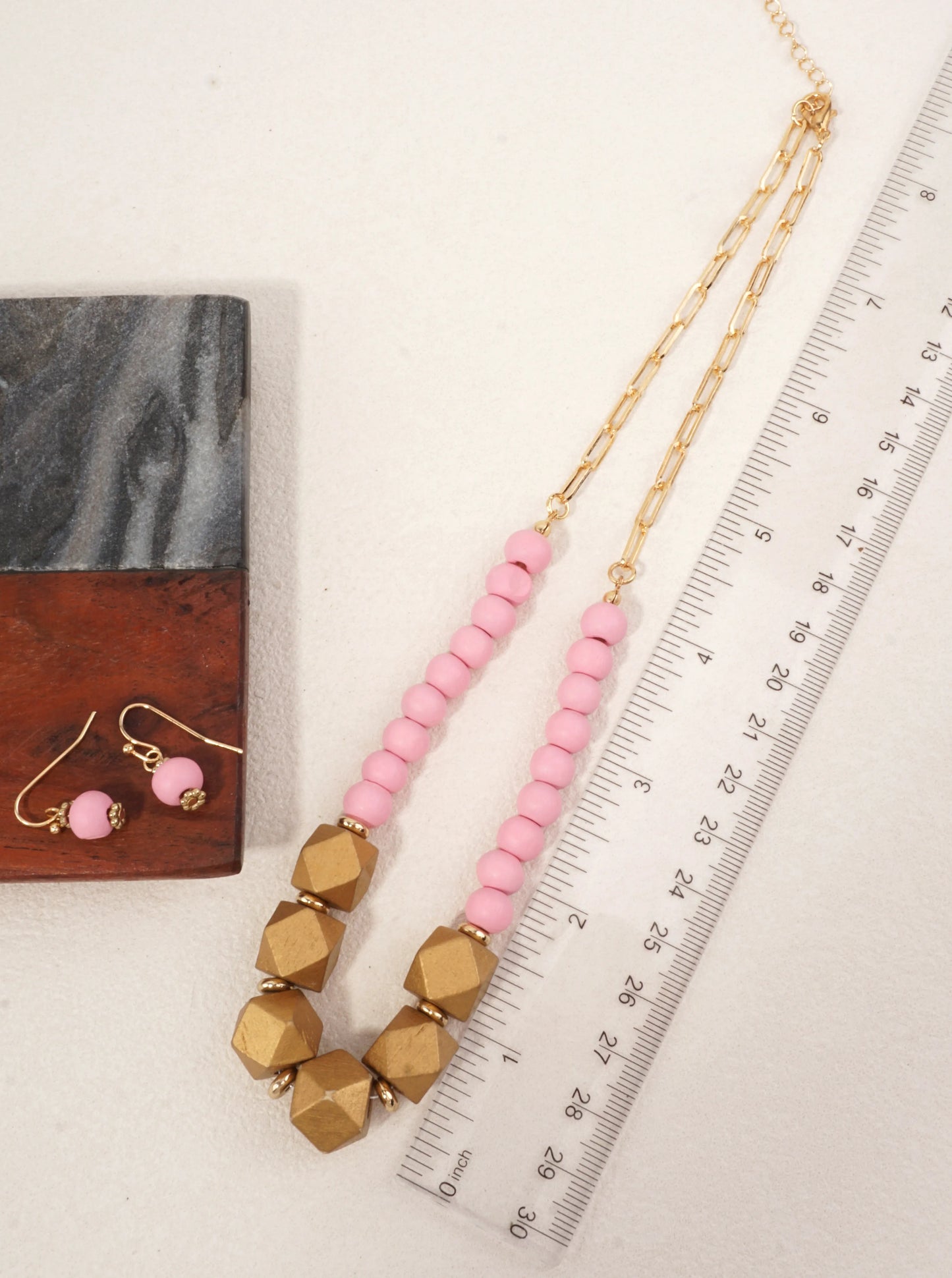 Geometric Wood Bead Necklace Set
