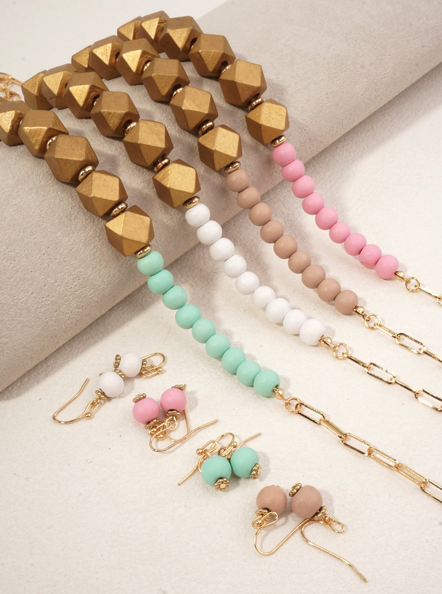 Geometric Wood Bead Necklace Set
