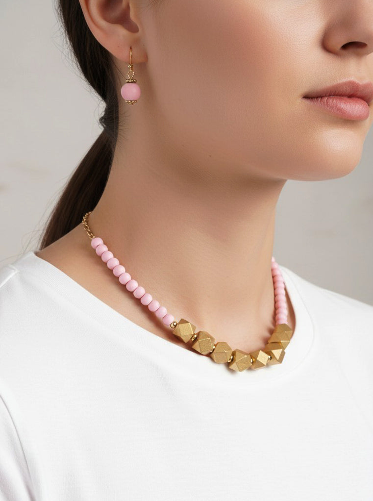 Geometric Wood Bead Necklace Set