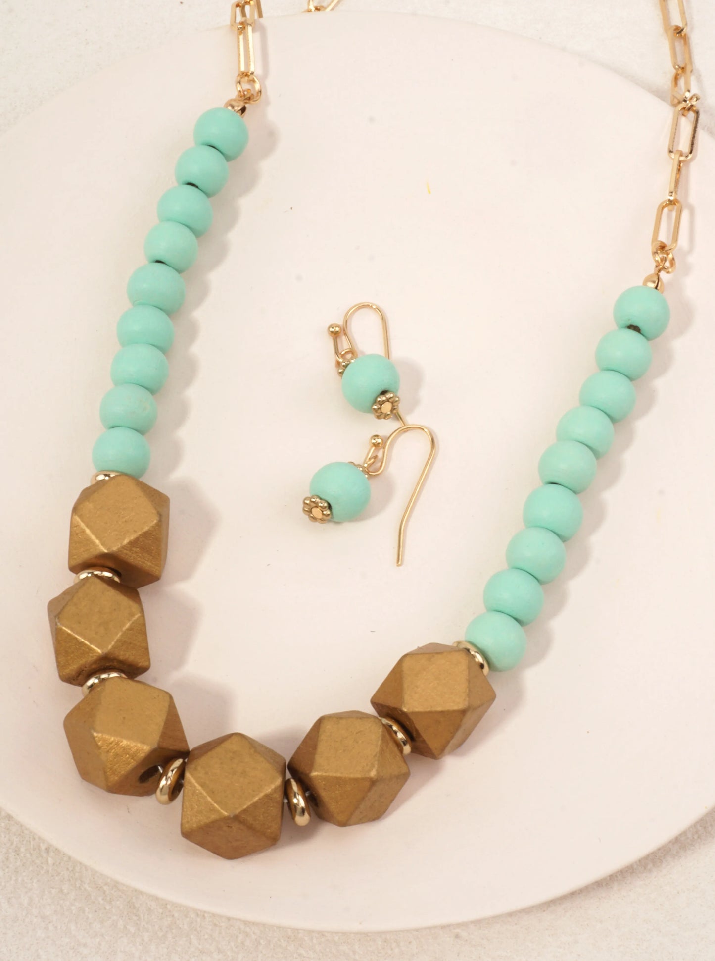 Geometric Wood Bead Necklace Set