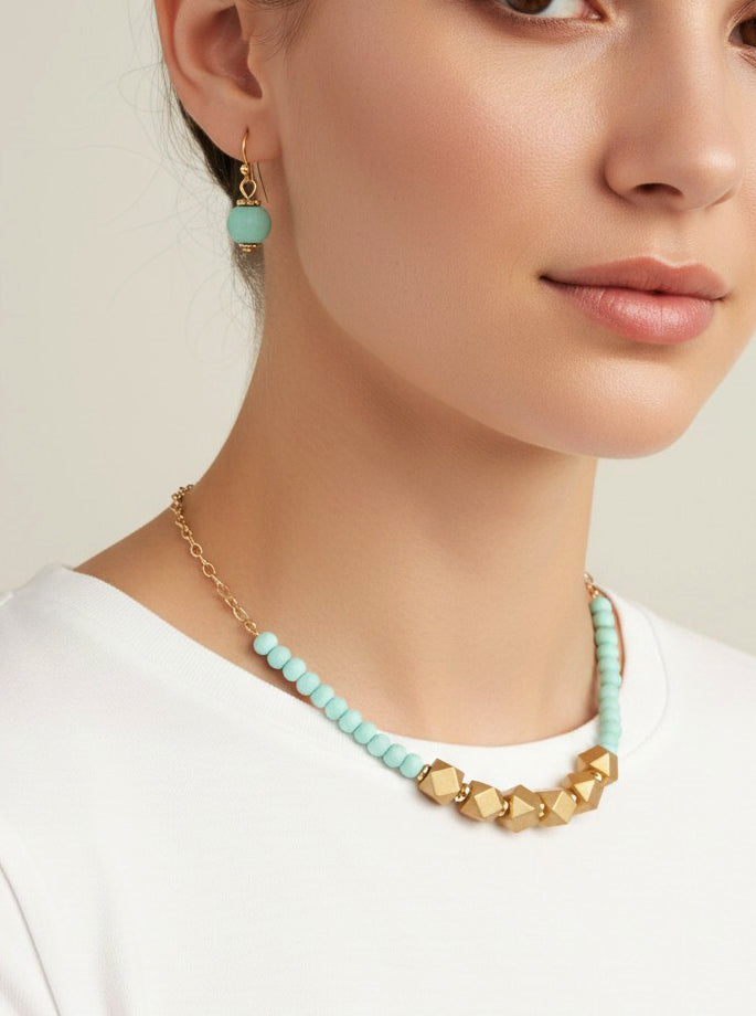 Geometric Wood Bead Necklace Set