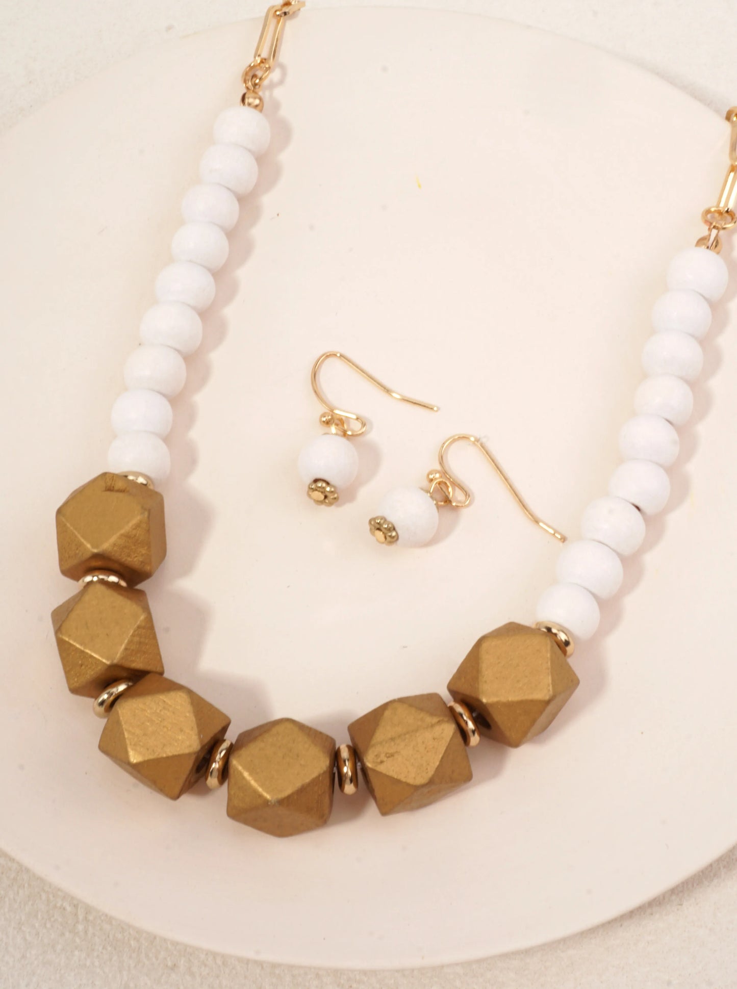 Geometric Wood Bead Necklace Set
