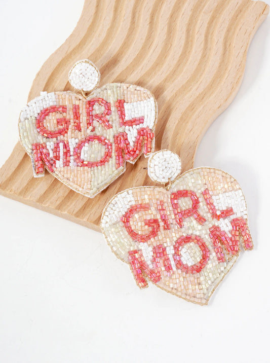 Girl Mom Cylinder-Beaded Big Heart Mothers-Day Statement Earrings