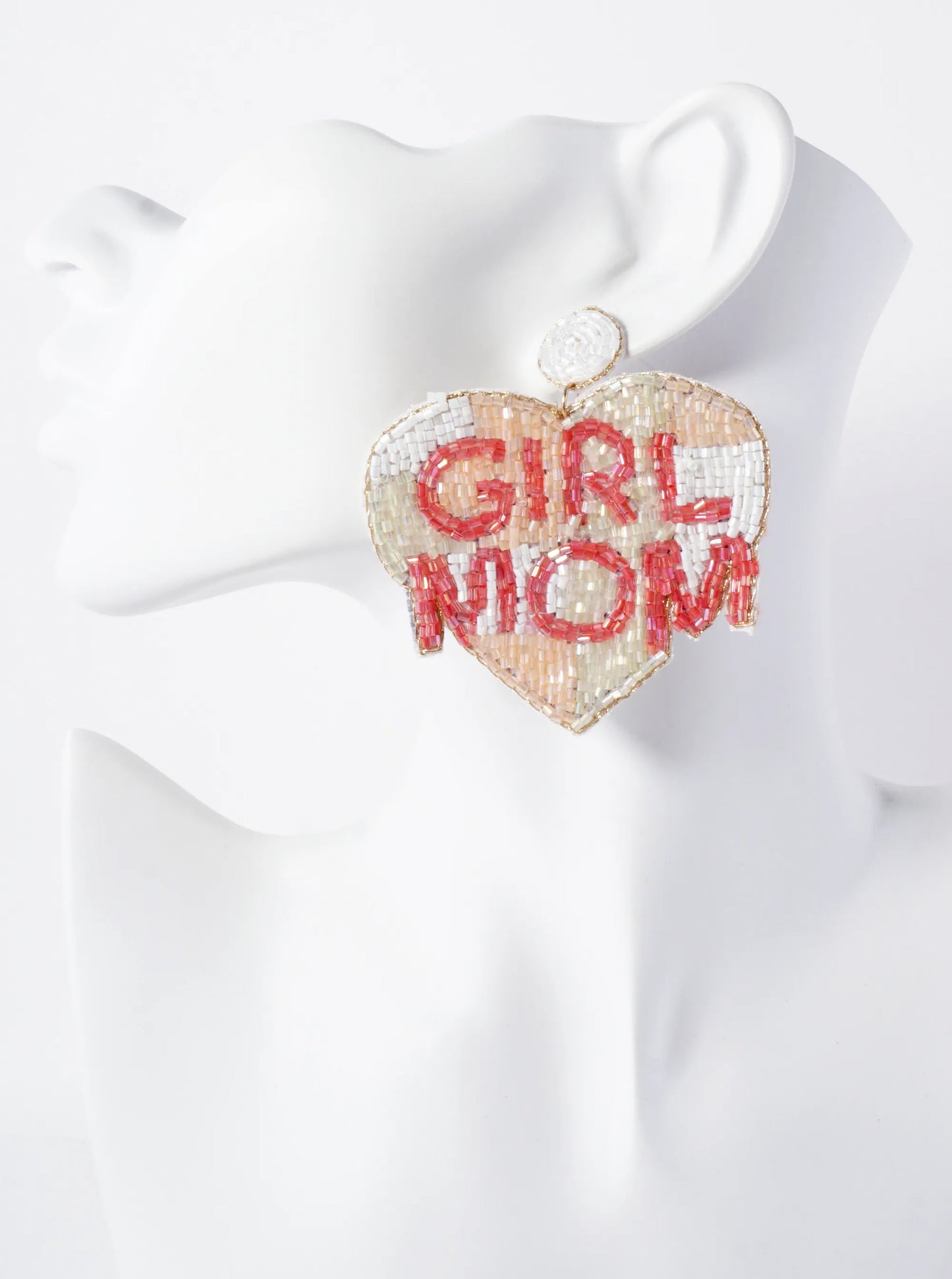 Girl Mom Cylinder-Beaded Big Heart Mothers-Day Statement Earrings