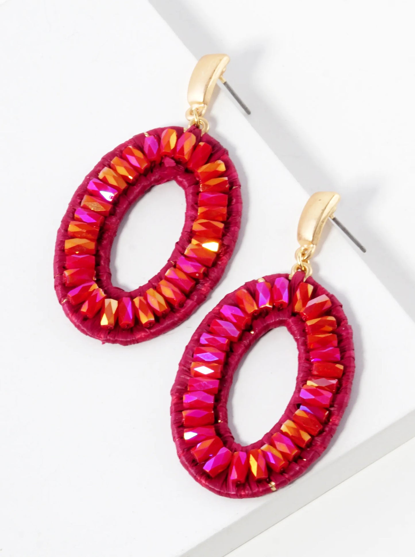 Glass Bead Raffia Wrapped Oval Drop Dangle Post Earrings