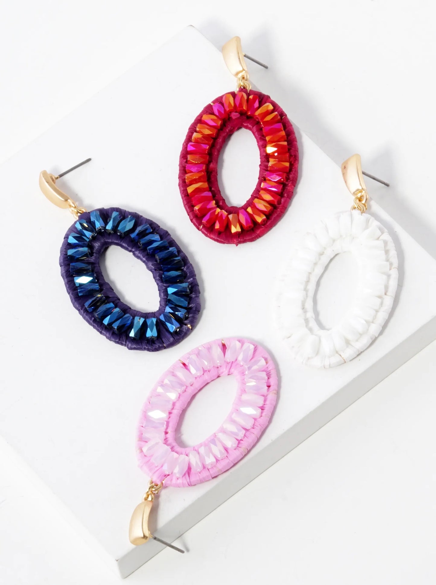 Glass Bead Raffia Wrapped Oval Drop Dangle Post Earrings