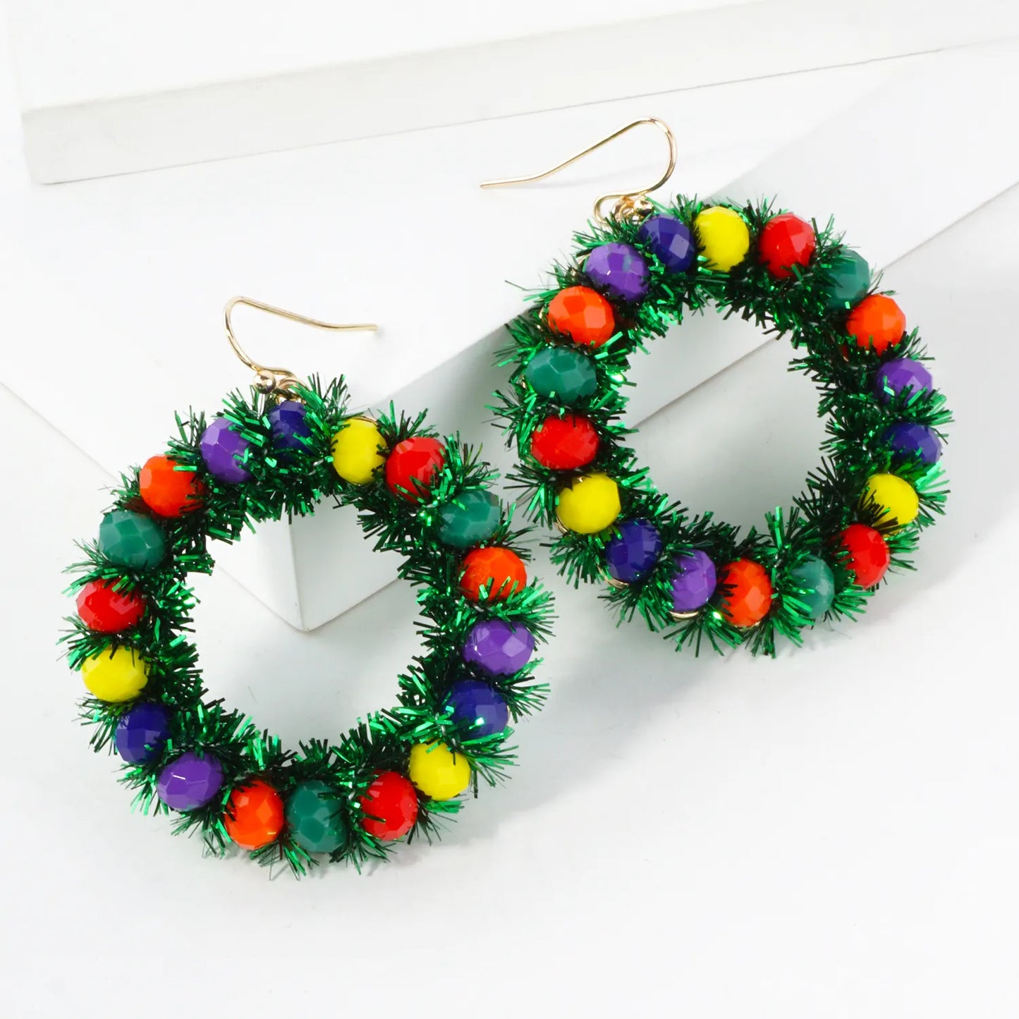Glass Beaded Christmas Wreath Dangle Earrings