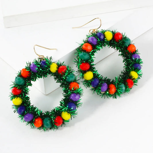 Glass Beaded Christmas Wreath Dangle Earrings