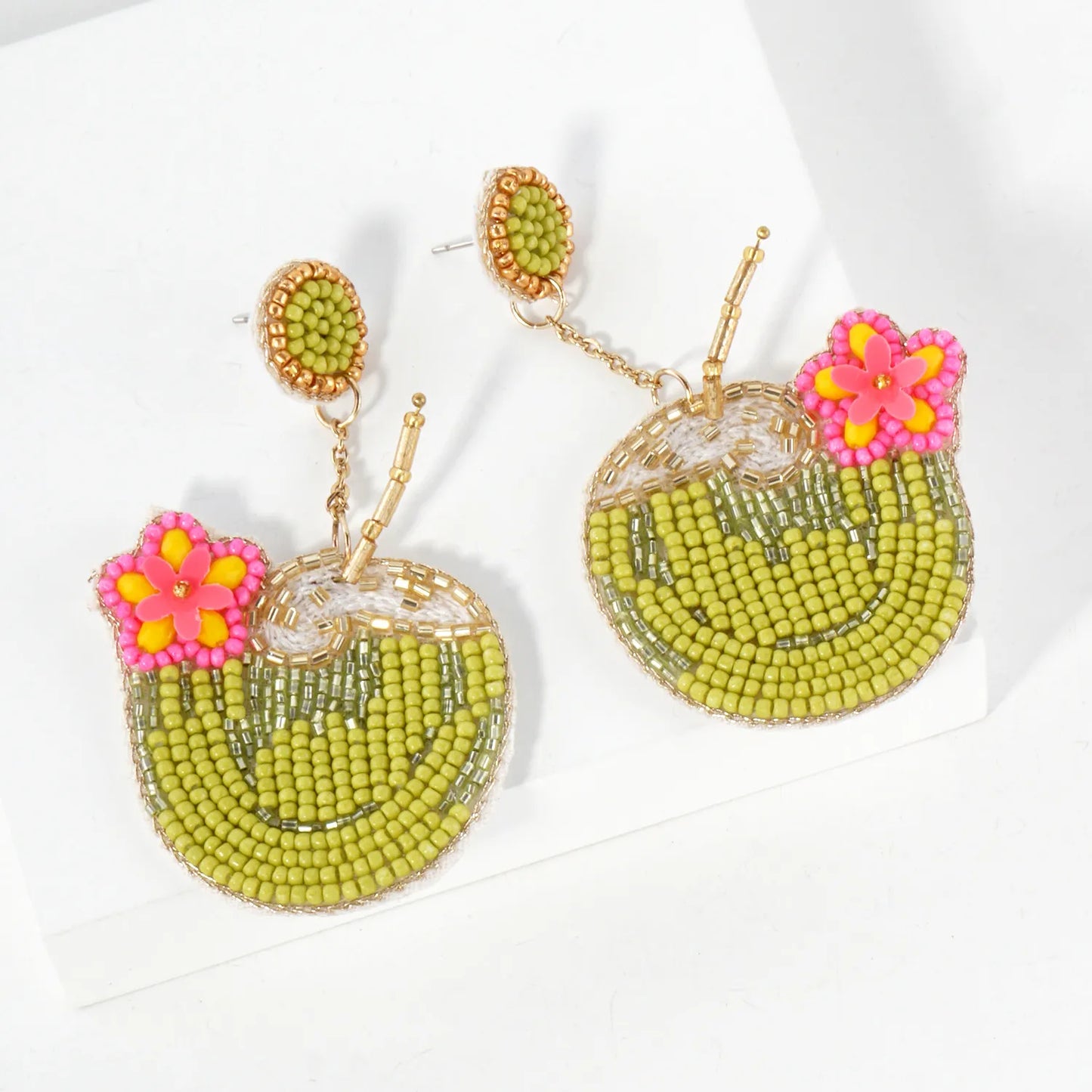 Glass Beaded Coconut Chain Drop Tropical Statement Earrings