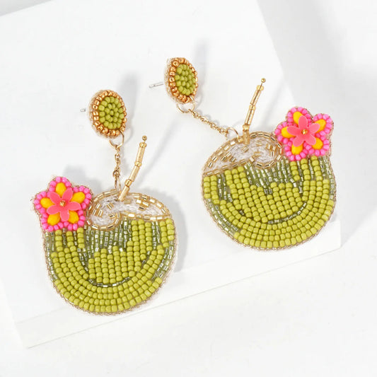 Glass Beaded Coconut Chain Drop Tropical Statement Earrings