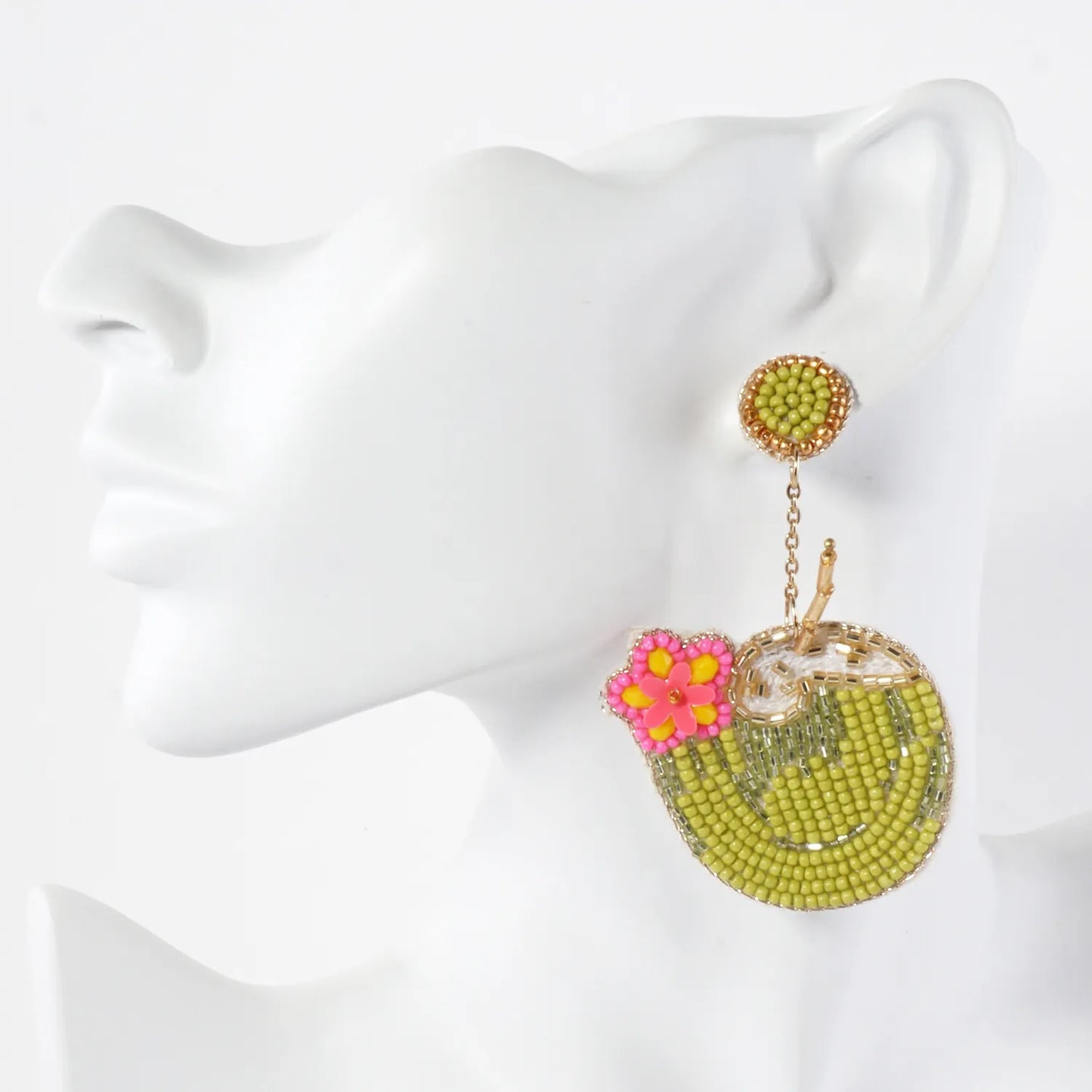 Glass Beaded Coconut Chain Drop Tropical Statement Earrings