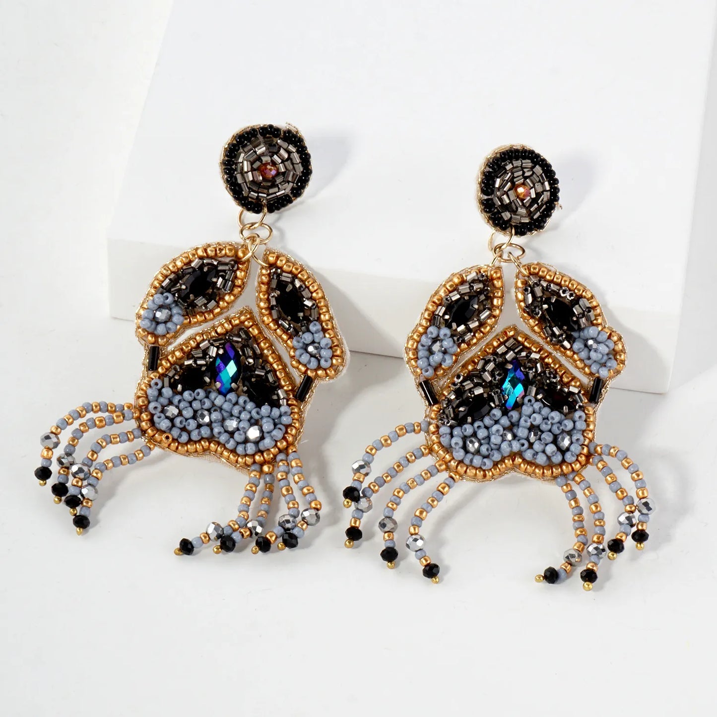 Glass Beaded Crab Drop Sea-Life Statement Earrings