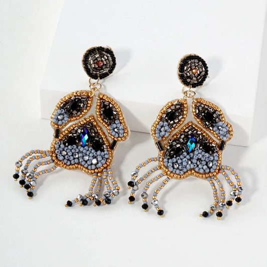 Glass Beaded Crab Drop Sea-Life Statement Earrings
