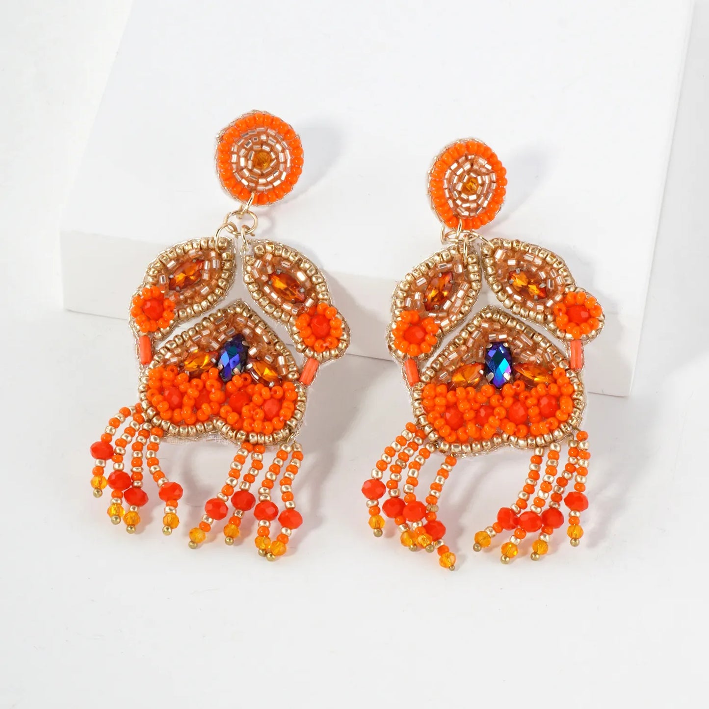 Glass Beaded Crab Drop Sea-Life Statement Earrings