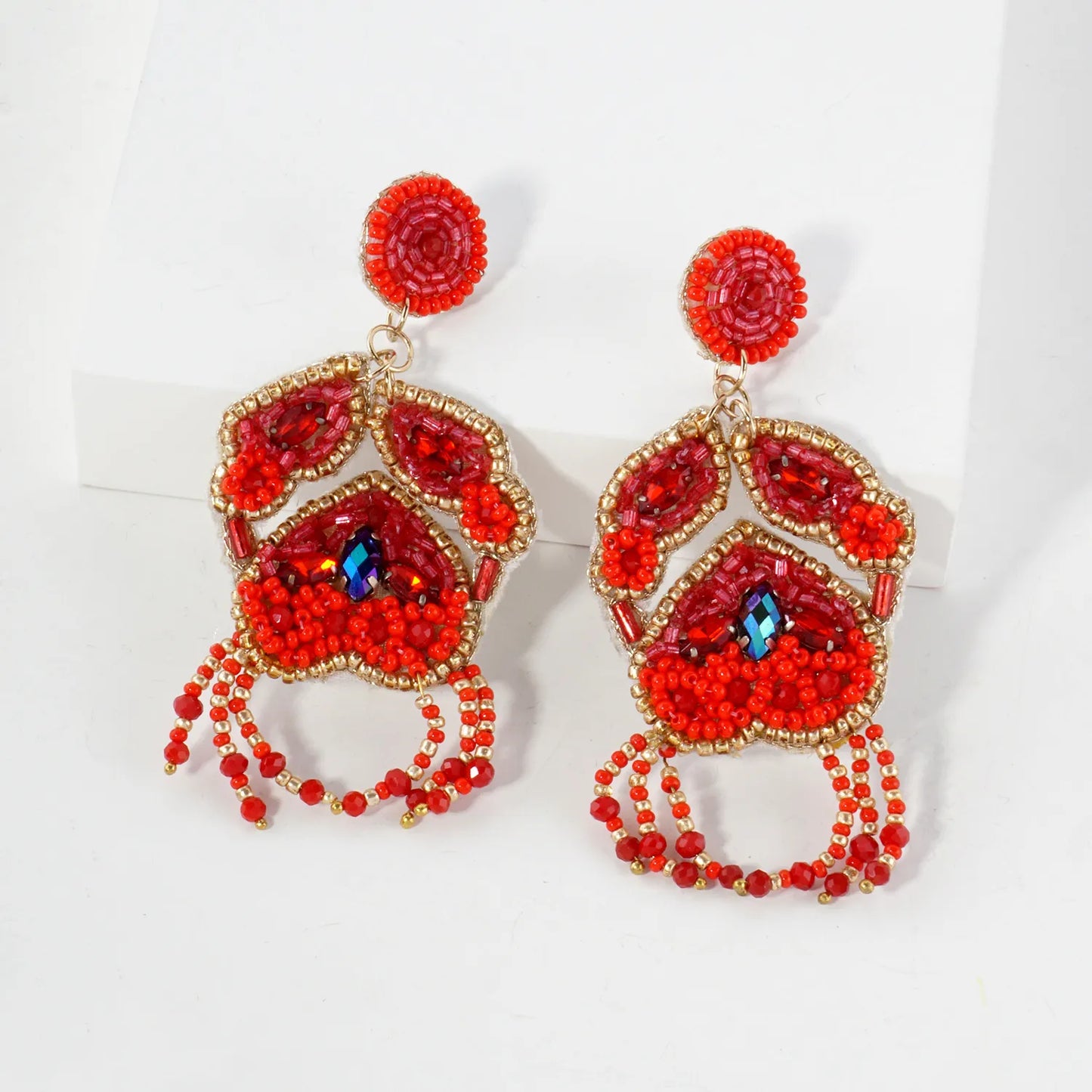 Glass Beaded Crab Drop Sea-Life Statement Earrings