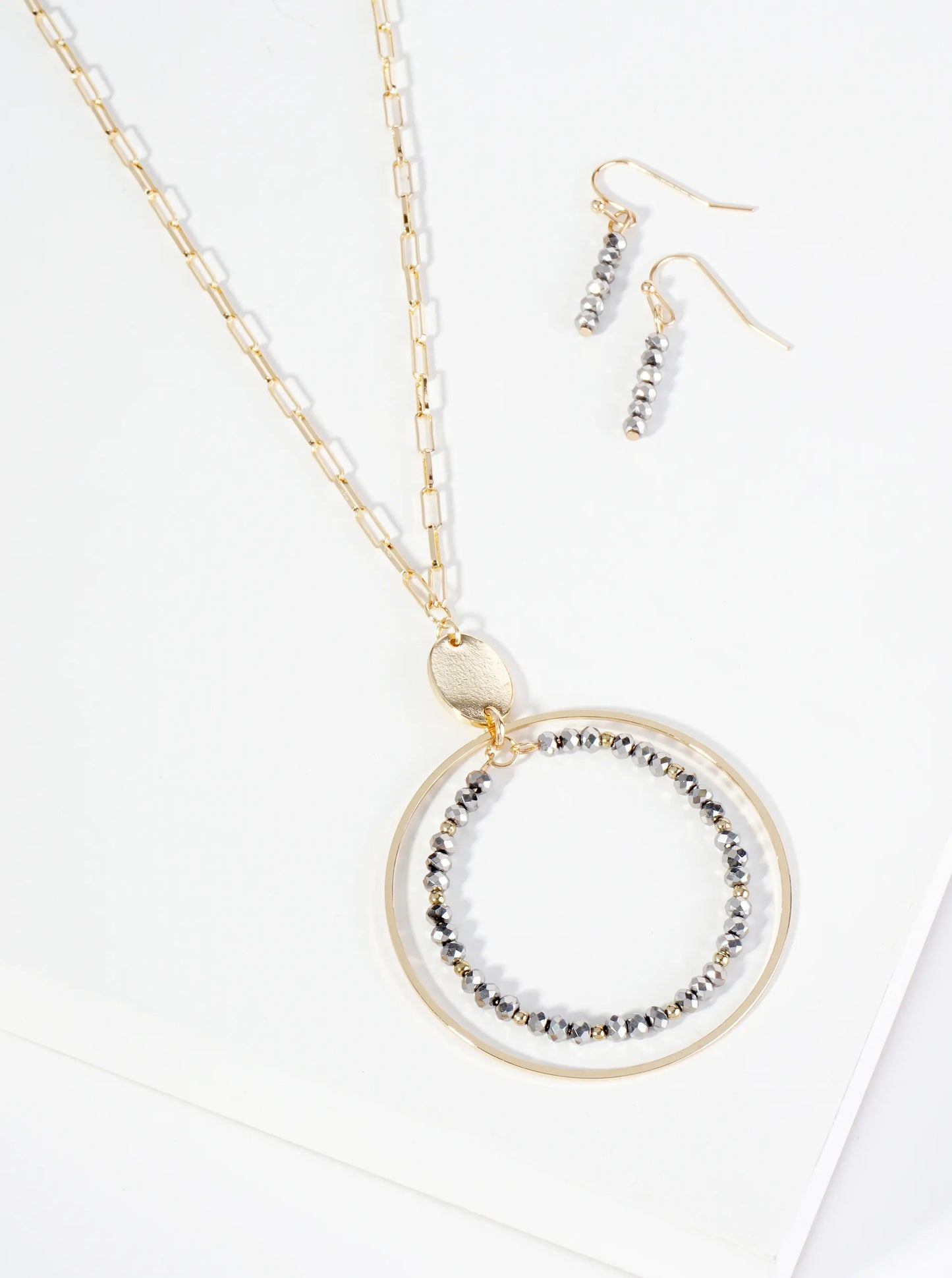 Glass Beaded Double Circle Pendant 30 Inch Long Necklace Set With Earrings