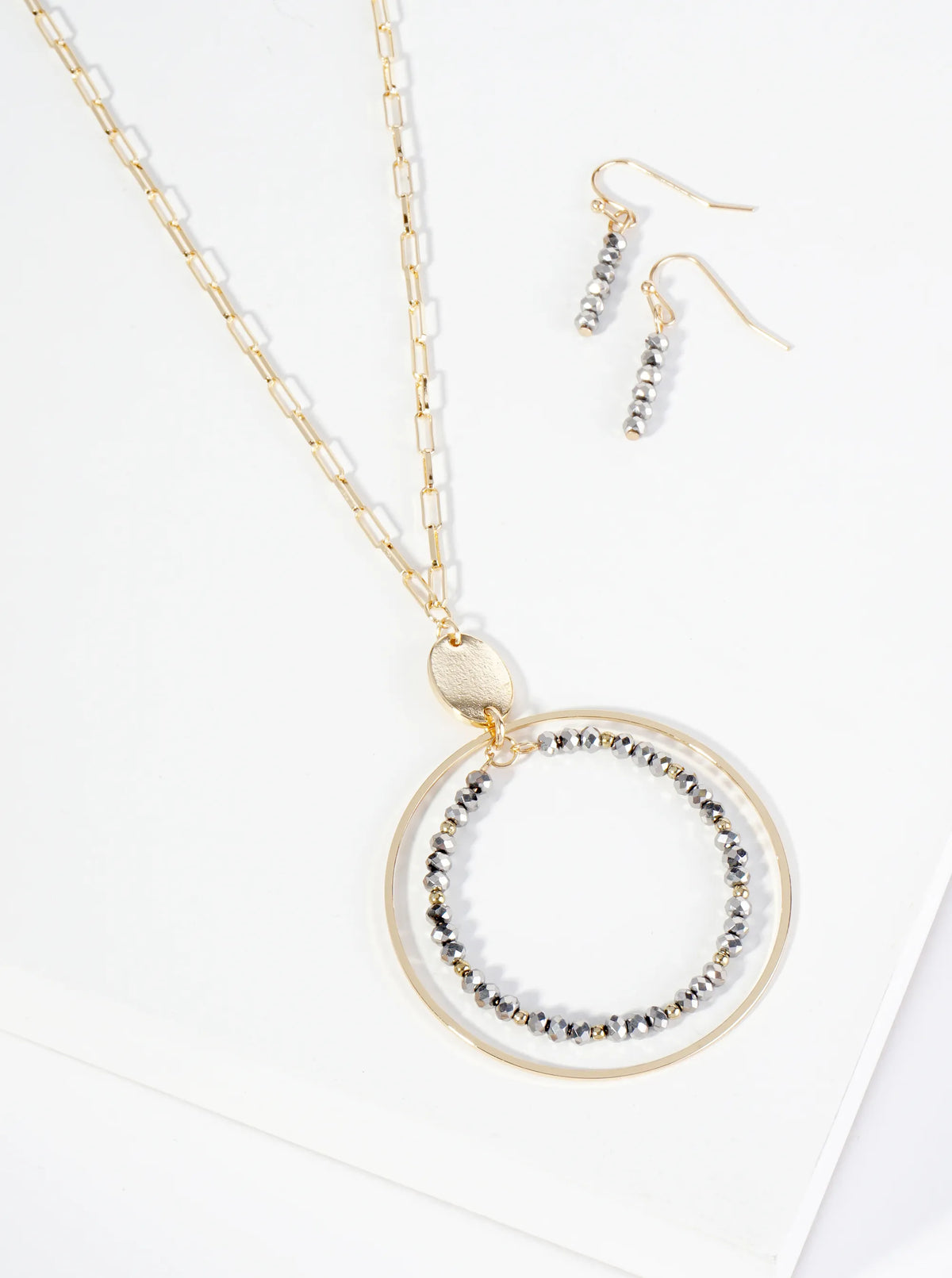 Glass Beaded Double Circle Pendant 30 Inch Long Necklace Set With Earrings