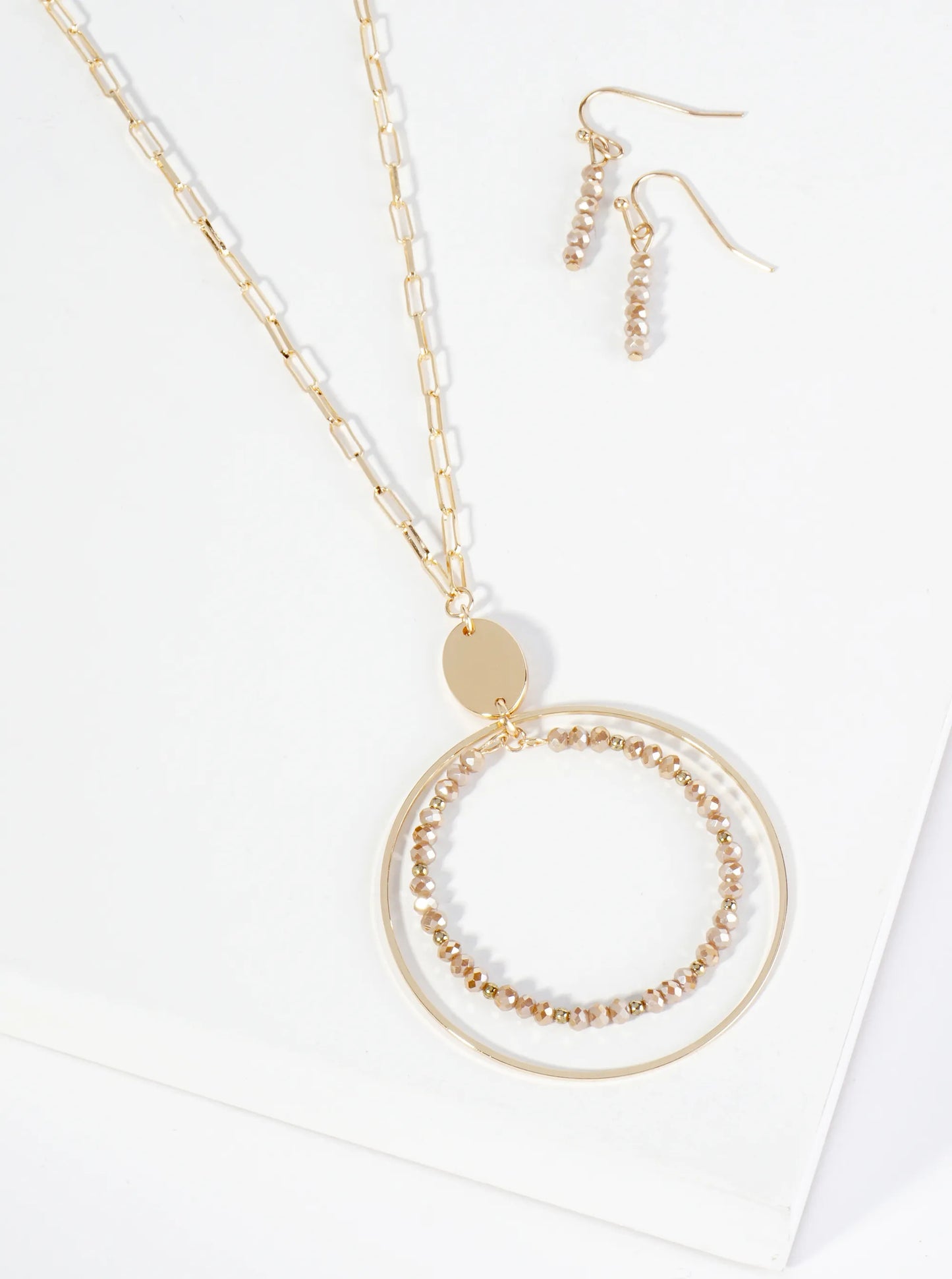 Glass Beaded Double Circle Pendant 30 Inch Long Necklace Set With Earrings