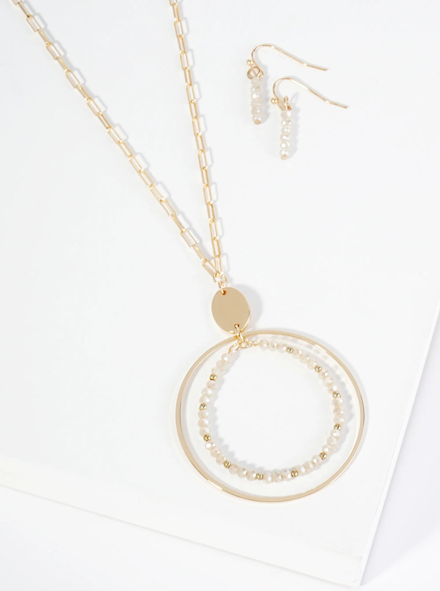 Glass Beaded Double Circle Pendant 30 Inch Long Necklace Set With Earrings