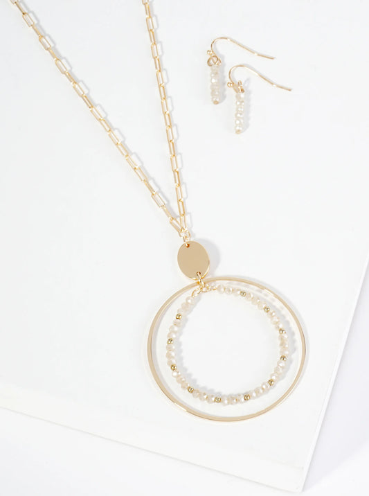 Glass Beaded Double Circle Pendant 30 Inch Long Necklace Set With Earrings