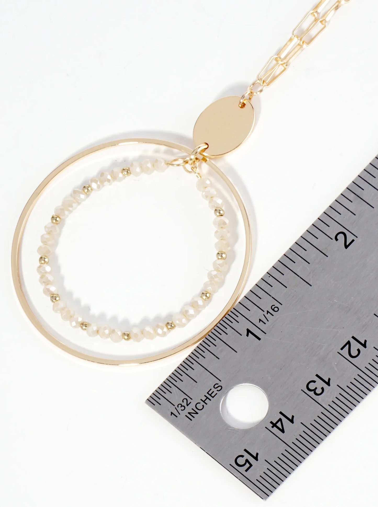 Glass Beaded Double Circle Pendant 30 Inch Long Necklace Set With Earrings