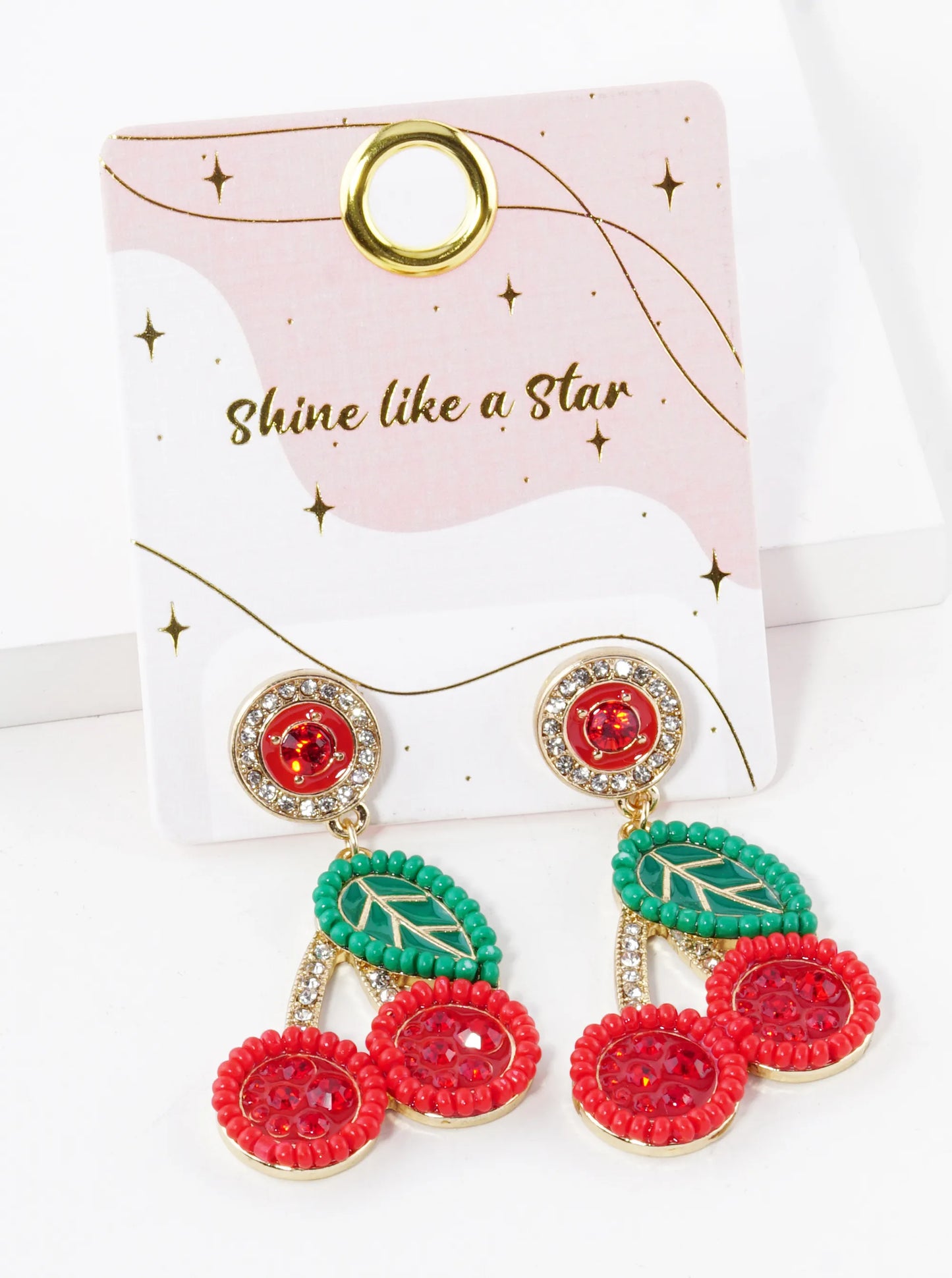 Glass Beaded Enamel Cherry Drop Dangle Post Earrings