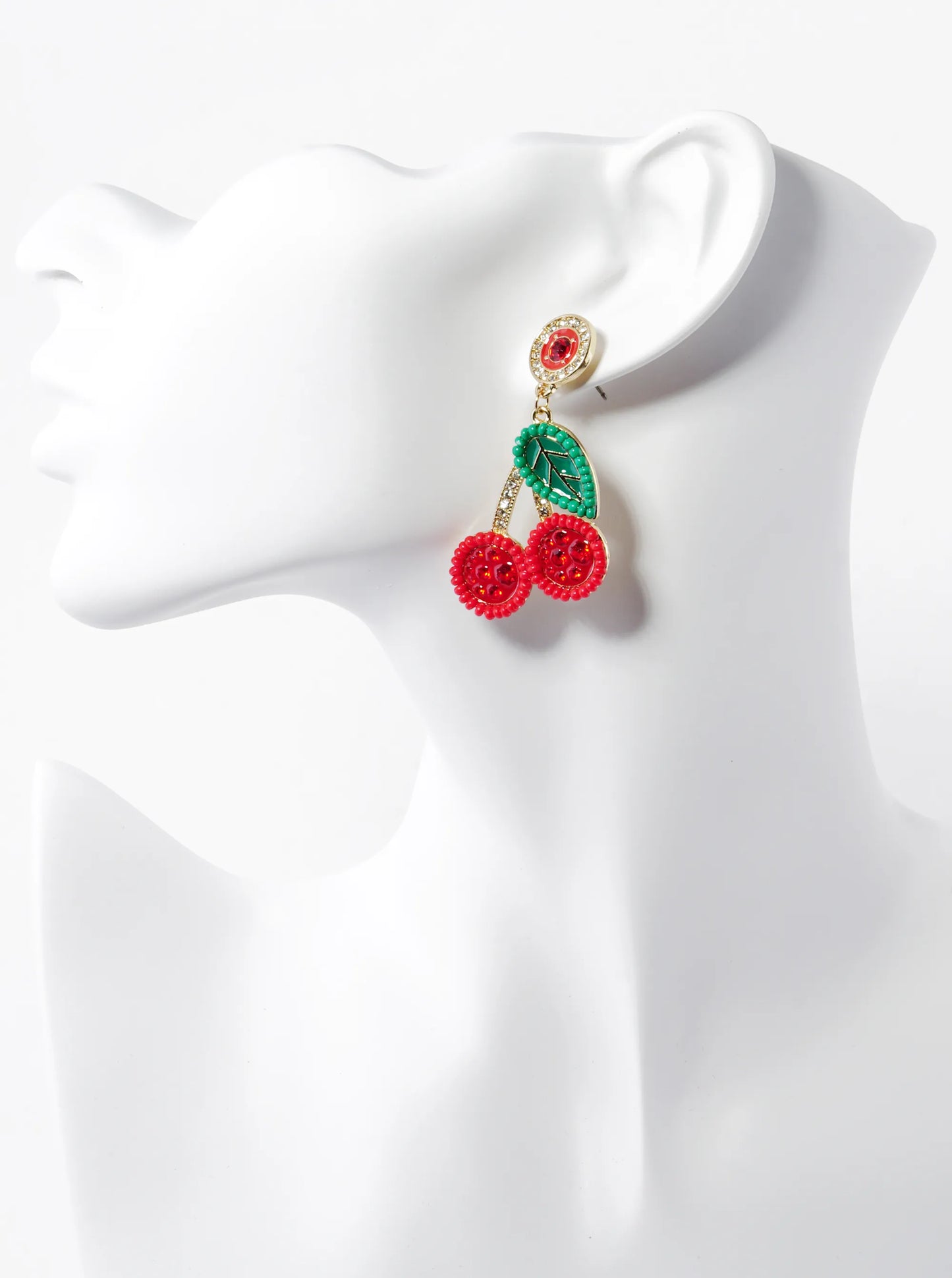 Glass Beaded Enamel Cherry Drop Dangle Post Earrings