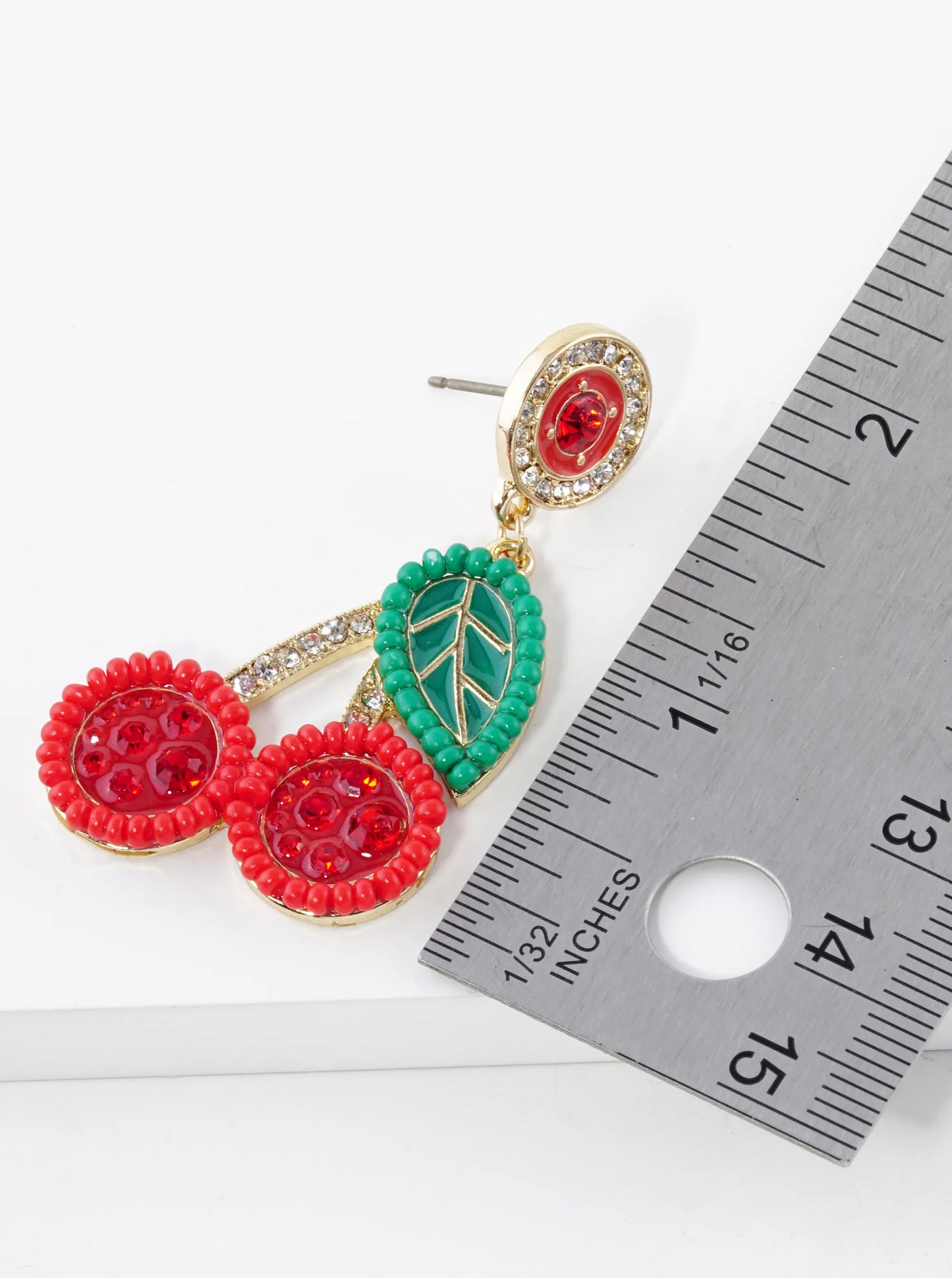 Glass Beaded Enamel Cherry Drop Dangle Post Earrings