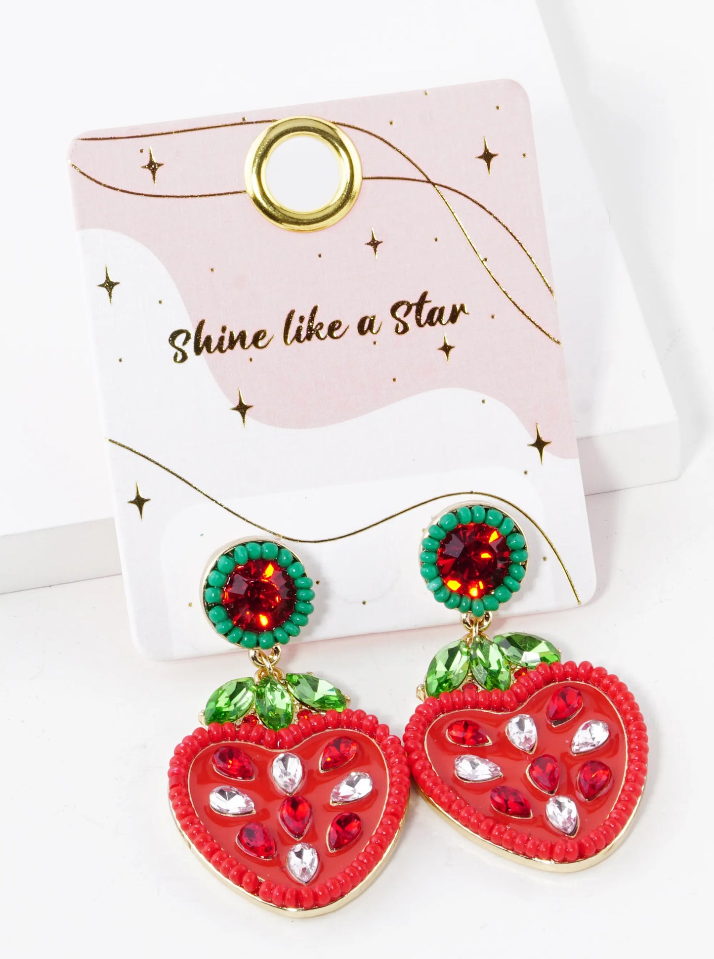 Glass Beaded Enamel Strawberry Drop Dangle Post Earrings