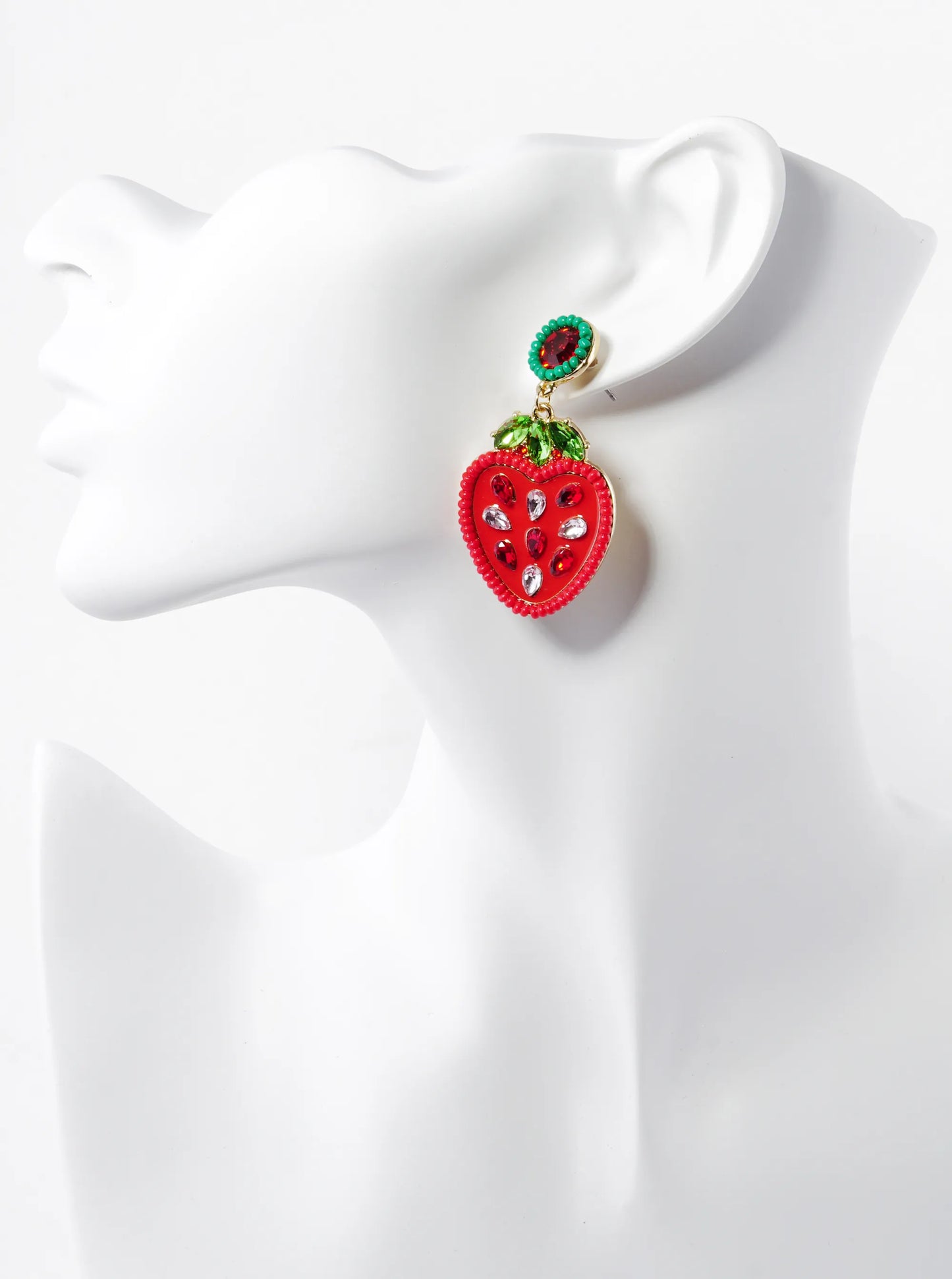 Glass Beaded Enamel Strawberry Drop Dangle Post Earrings