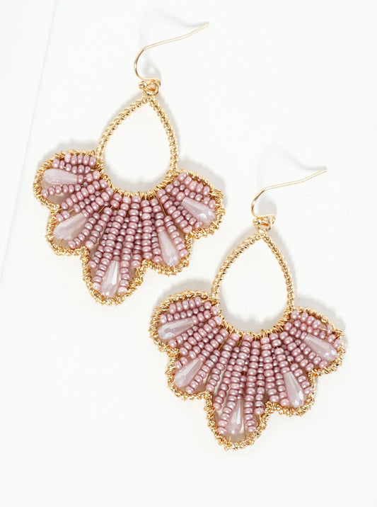 Glass Beaded Flower Motif Dangle Drop Earrings