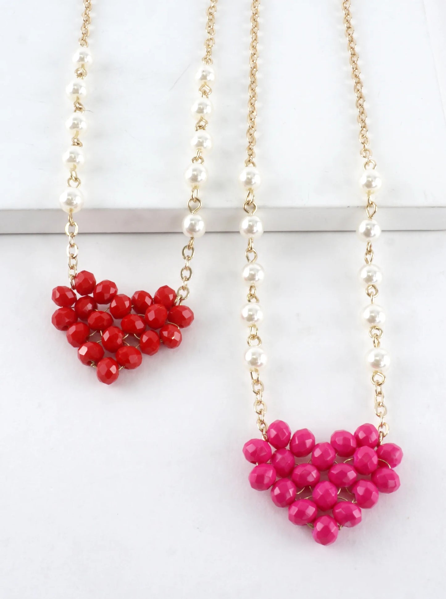 Glass Beaded Heart Pearl Chain Necklace