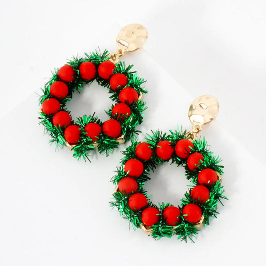 Glass Beaded Hexagon Christmas Wreath Dangle Earrings