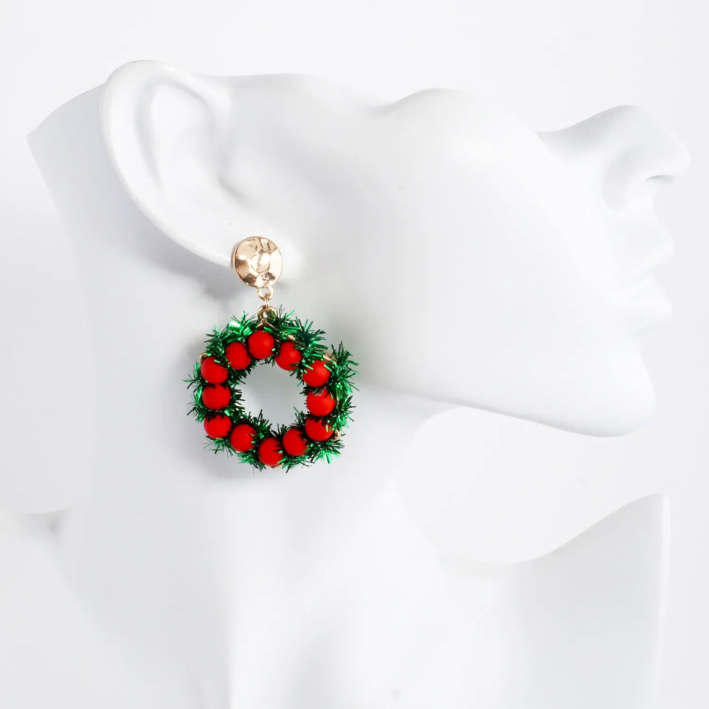 Glass Beaded Hexagon Christmas Wreath Dangle Earrings